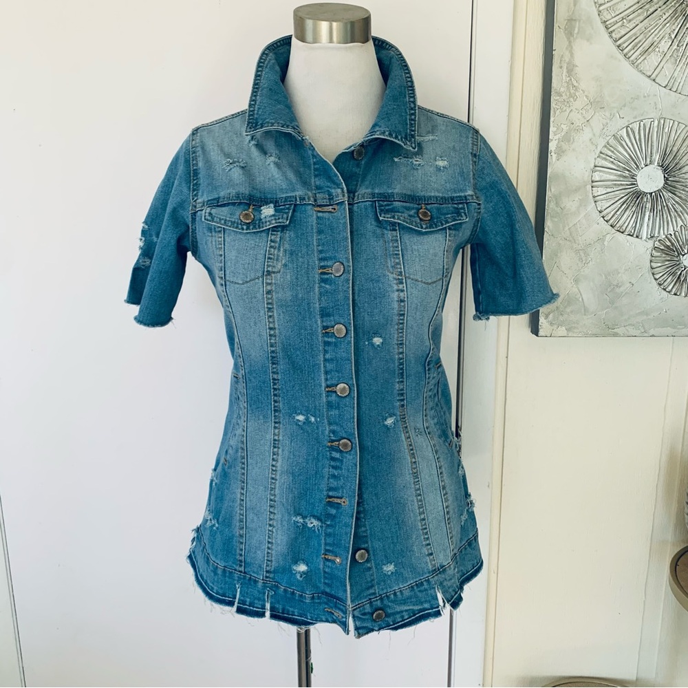 Couture cotton blend long distressed blue jeans jacket size M